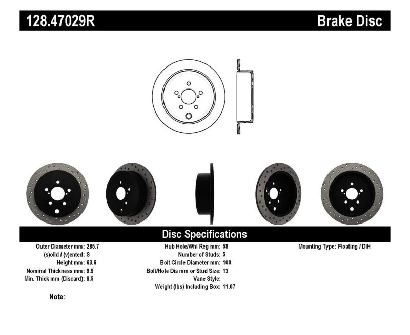 StopTech 08-10 WRX Drilled Right Rear Rotor